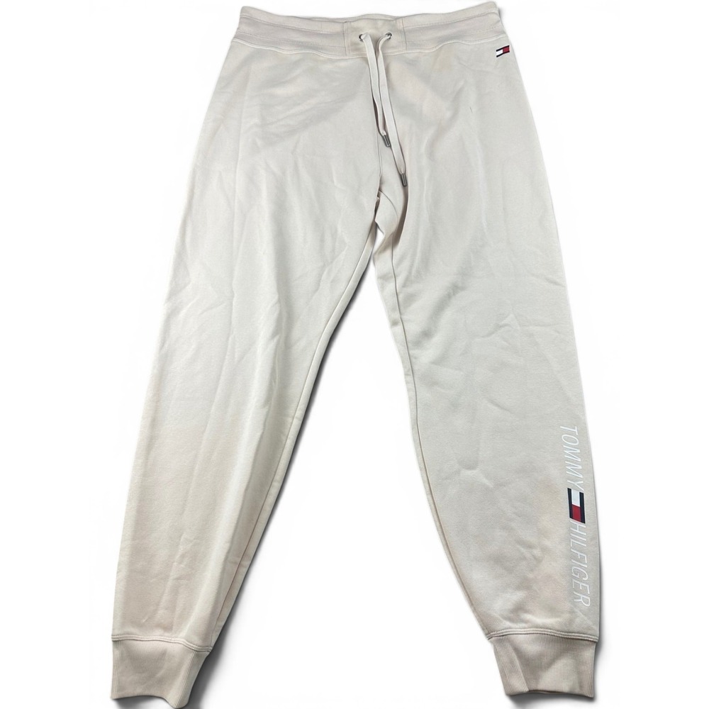 Tommy Hilfiger Jogger Pants Men L Beige Regular Fit Fleece Athleisure Streetwear